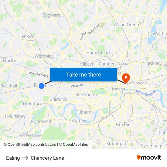 Ealing to Chancery Lane map