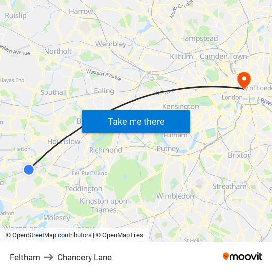 Feltham to Chancery Lane map