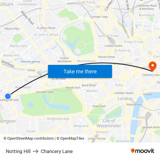 Notting Hill to Chancery Lane map