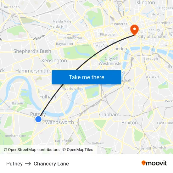 Putney to Chancery Lane map