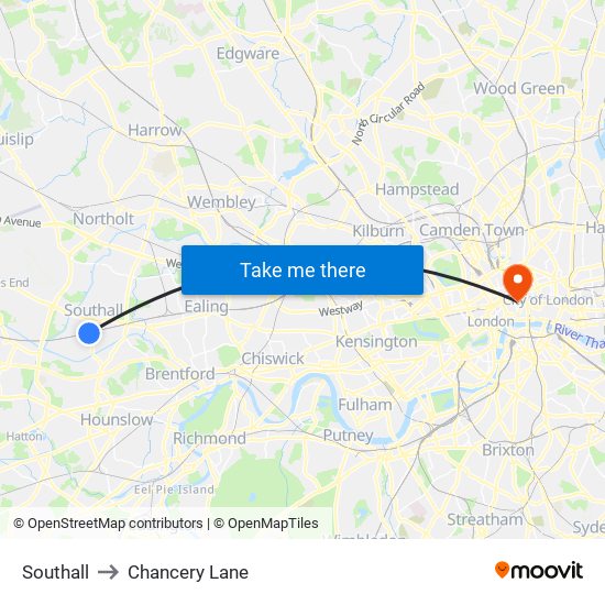 Southall to Chancery Lane map