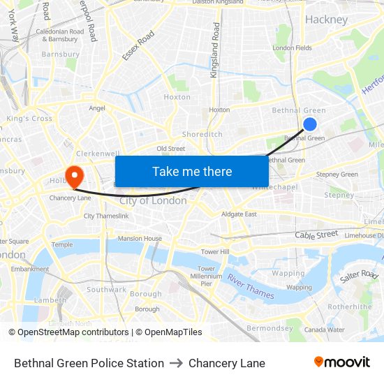 Bethnal Green Police Station to Chancery Lane map