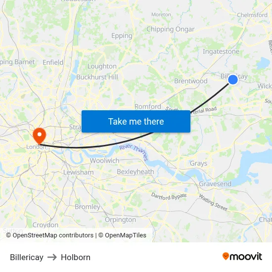 Billericay to Holborn map