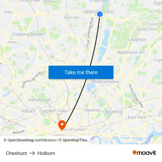 Cheshunt to Holborn map
