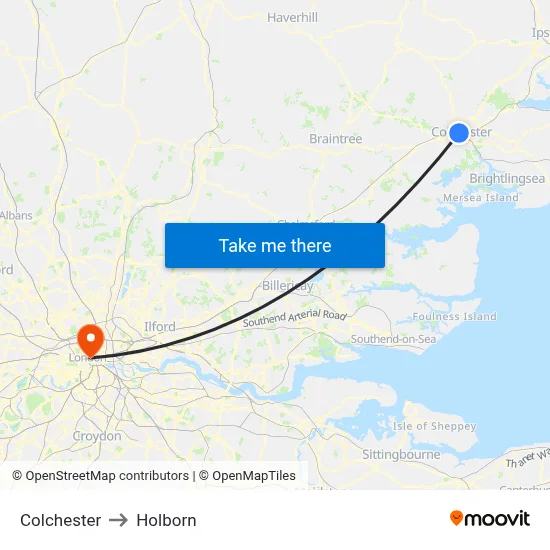 Colchester to Holborn map