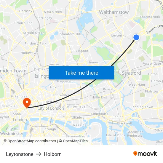 Leytonstone to Holborn map