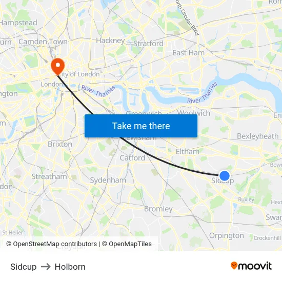 Sidcup to Holborn map