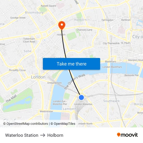 Waterloo Station to Holborn map