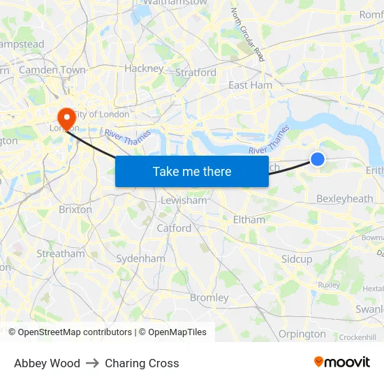 Abbey Wood to Charing Cross map