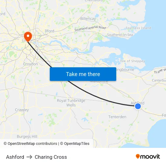 Ashford to Charing Cross map