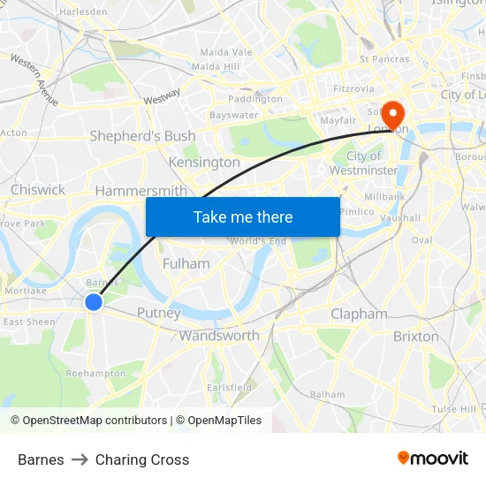 Barnes to Charing Cross map