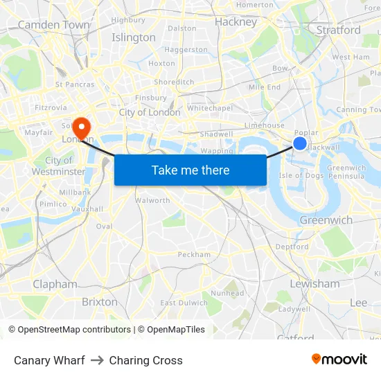 Canary Wharf to Charing Cross map