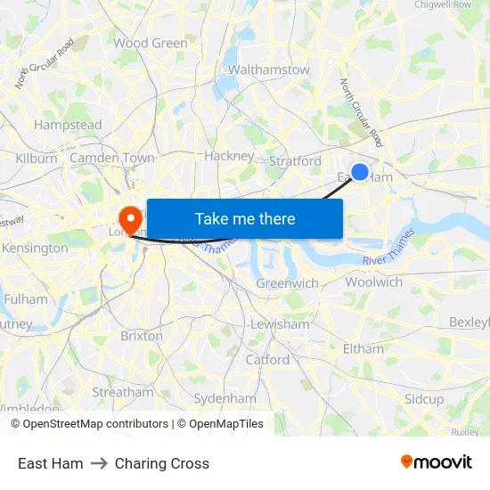 East Ham to Charing Cross map