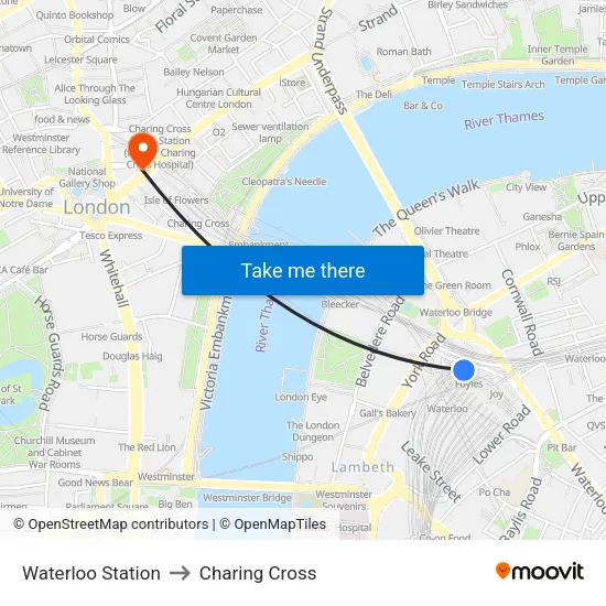 Waterloo Station to Charing Cross map