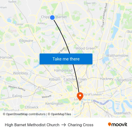 High Barnet Methodist Church to Charing Cross map