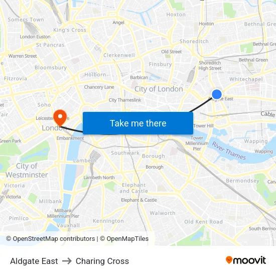Aldgate East to Charing Cross map