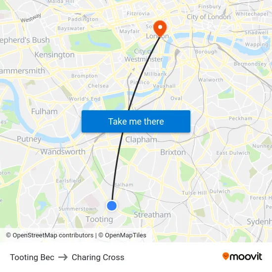 Tooting Bec to Charing Cross map