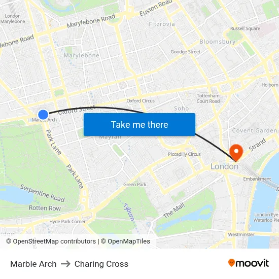 Marble Arch to Charing Cross map