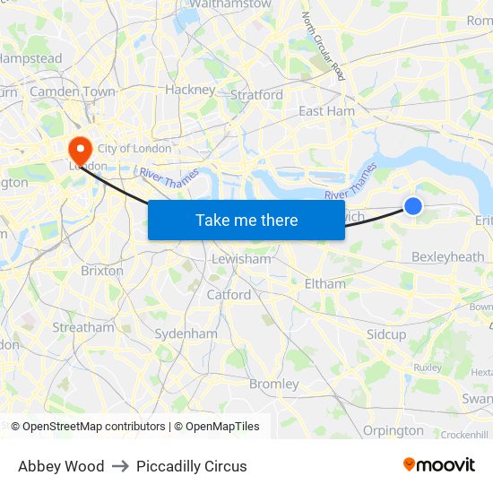 Abbey Wood to Piccadilly Circus map