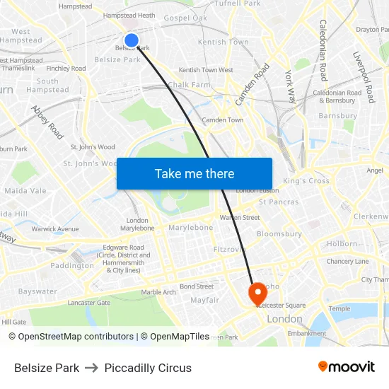 Belsize Park to Piccadilly Circus map