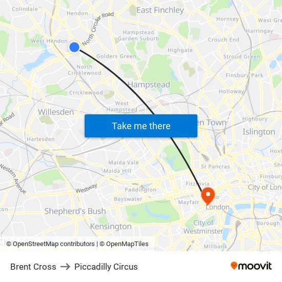 Brent Cross to Piccadilly Circus map