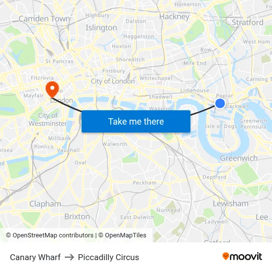 Canary Wharf to Piccadilly Circus map