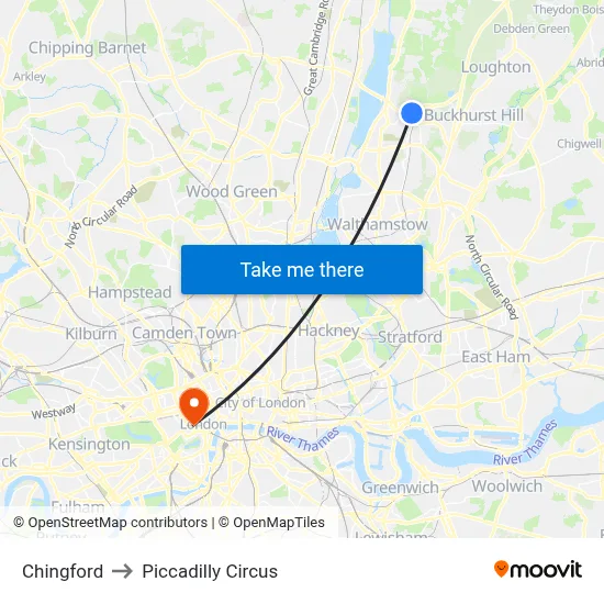 Chingford to Piccadilly Circus map