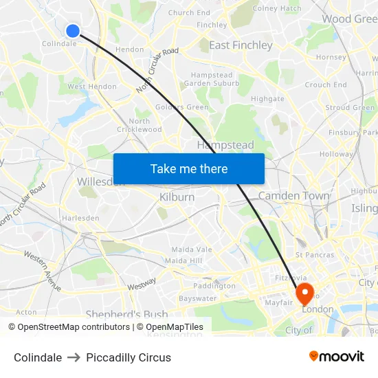 Colindale to Piccadilly Circus map