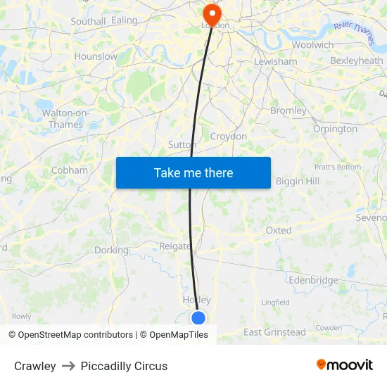 Crawley to Piccadilly Circus map