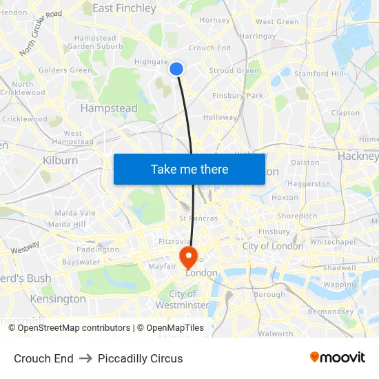 Crouch End to Piccadilly Circus map