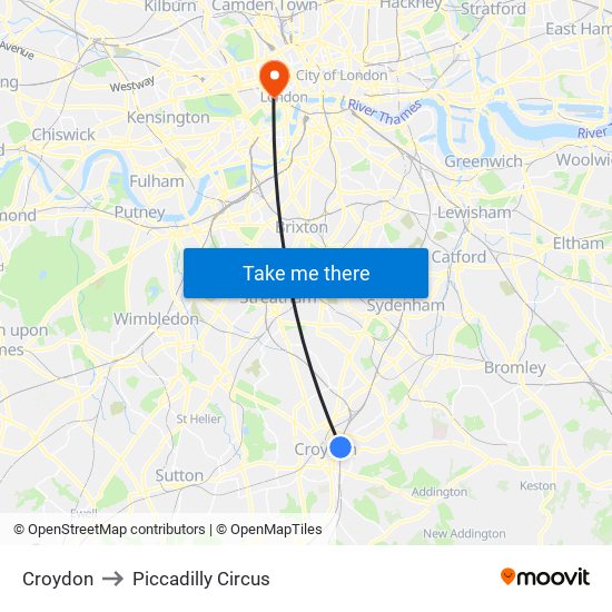 Croydon to Piccadilly Circus map