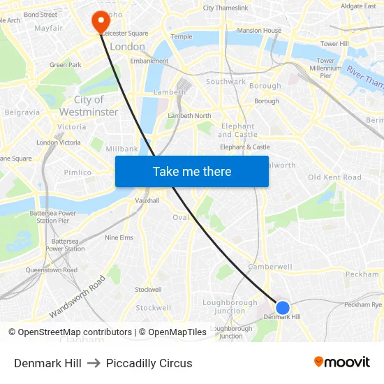 Denmark Hill to Piccadilly Circus map