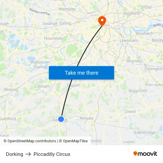 Dorking to Piccadilly Circus map