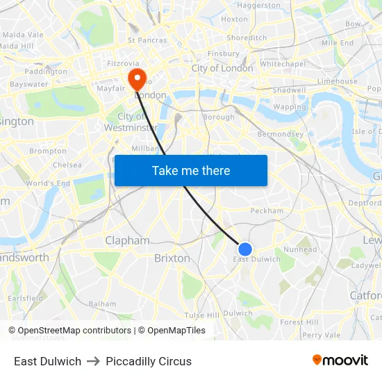 East Dulwich to Piccadilly Circus map