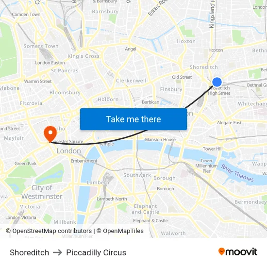 Shoreditch to Piccadilly Circus map