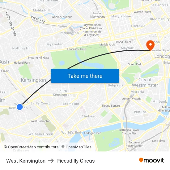 West Kensington to Piccadilly Circus map