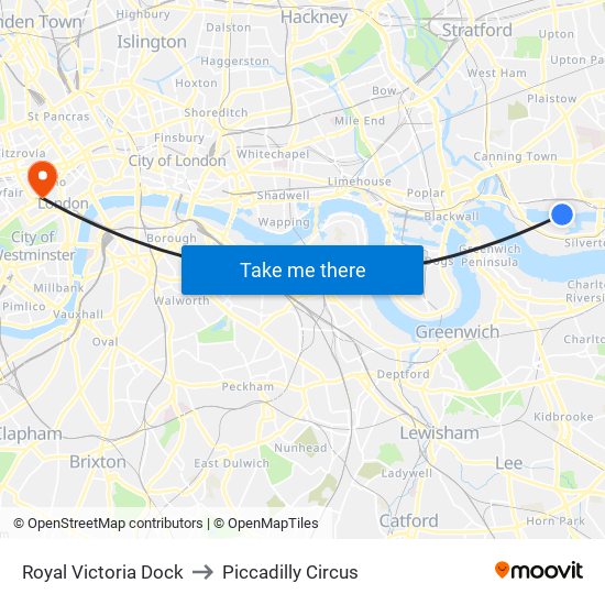 Royal Victoria Dock to Piccadilly Circus map