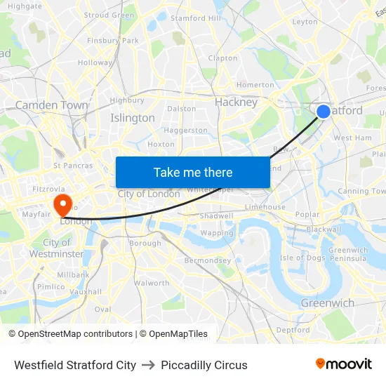Westfield Stratford City to Piccadilly Circus map