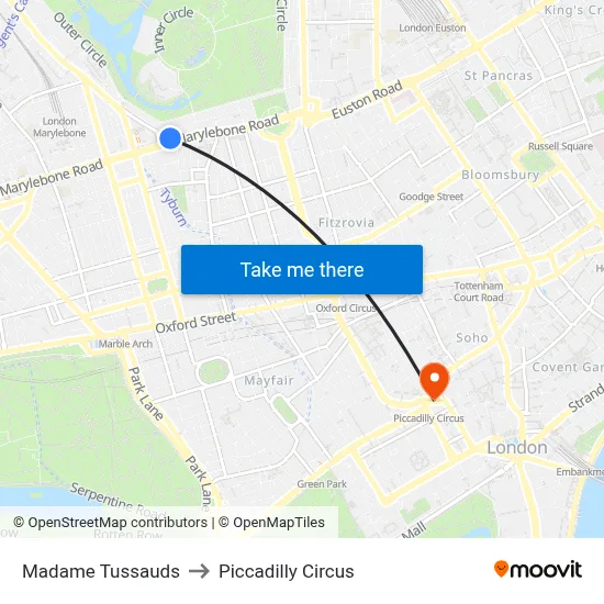Madame Tussauds to Piccadilly Circus map