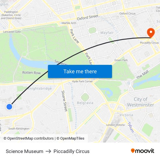 Science Museum to Piccadilly Circus map