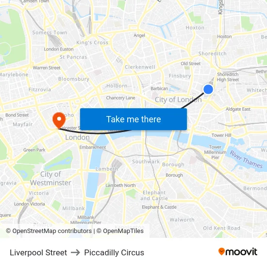 Liverpool Street to Piccadilly Circus map