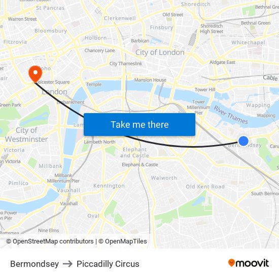 Bermondsey to Piccadilly Circus map