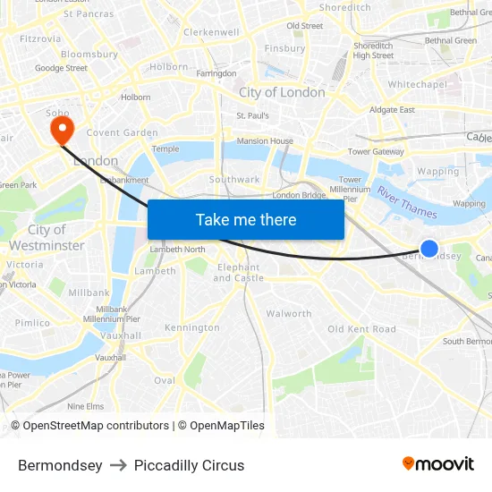 Bermondsey to Piccadilly Circus map