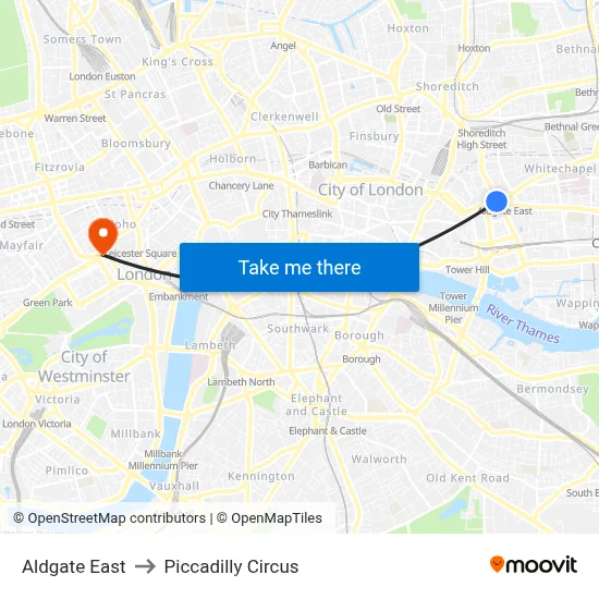 Aldgate East to Piccadilly Circus map