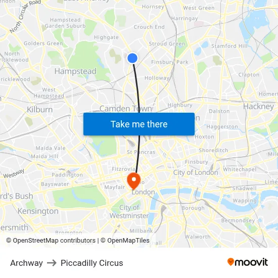 Archway to Piccadilly Circus map