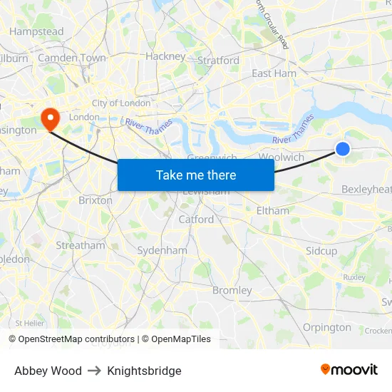 Abbey Wood to Knightsbridge map
