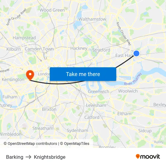 Barking to Knightsbridge map