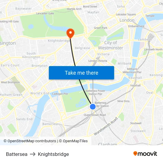 Battersea to Knightsbridge map