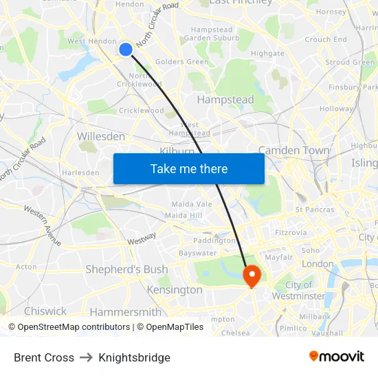 Brent Cross to Knightsbridge map