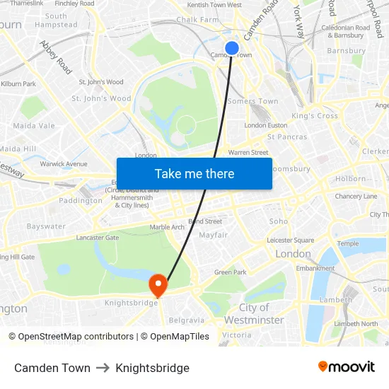 Camden Town to Knightsbridge map